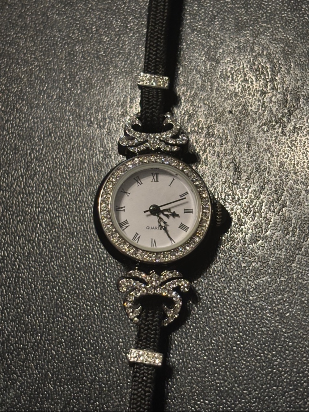 Elegant Crystal-Trim Black Cord Women's Quartz Watch, French Evening Watch
